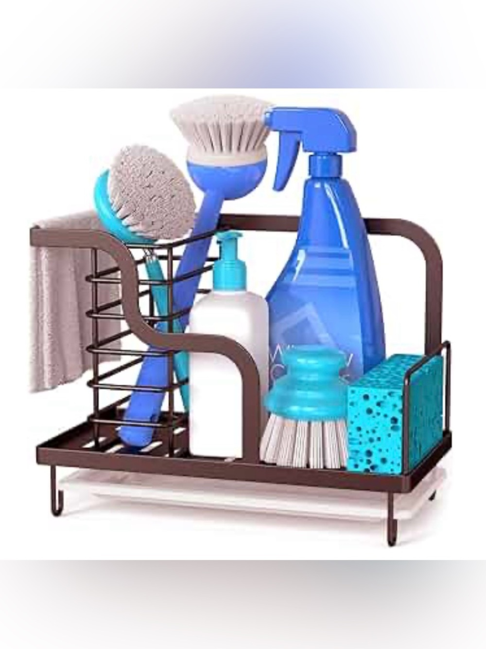 Kitchen Sink Organizer Sponge Holder Brush Rack w Drain Pan, Bronze